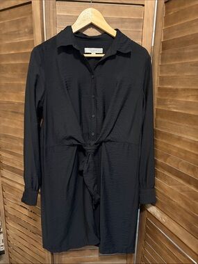 LOFT Black Long-Sleeve Button Front Tie-Waist Shirt Dress